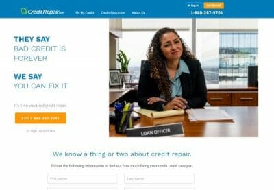 Screenshot of the Creditrepair.com website with a lady credit repair representative with the verbiage 