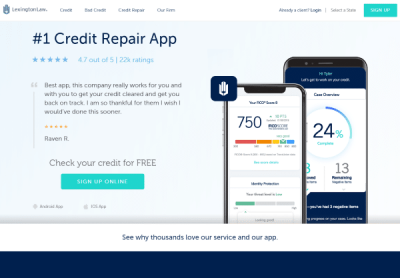 Screenshot of the Lexington Law homepage showing their credit repair app depicting them as one of the best credit repair companies