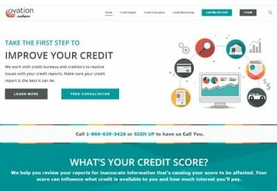 Ovation website screenshot with a white background that states take the first step to improve your credit