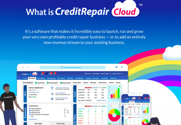 Image of the Credit Repair Cloud website stating that it is a software that makes it easy to run grow and launch a profitable credit repair business