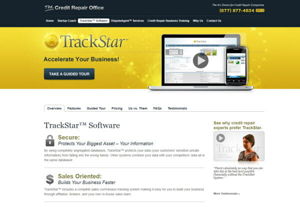 Image of the Trackstar website credit repair office suite to start a professional credit restoration business