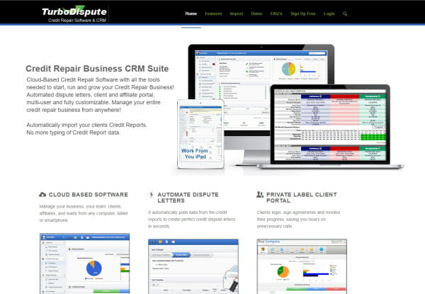 Screenshot of the Turbo Dispute website with a graphic of their Credit Repair Business CRM Suite