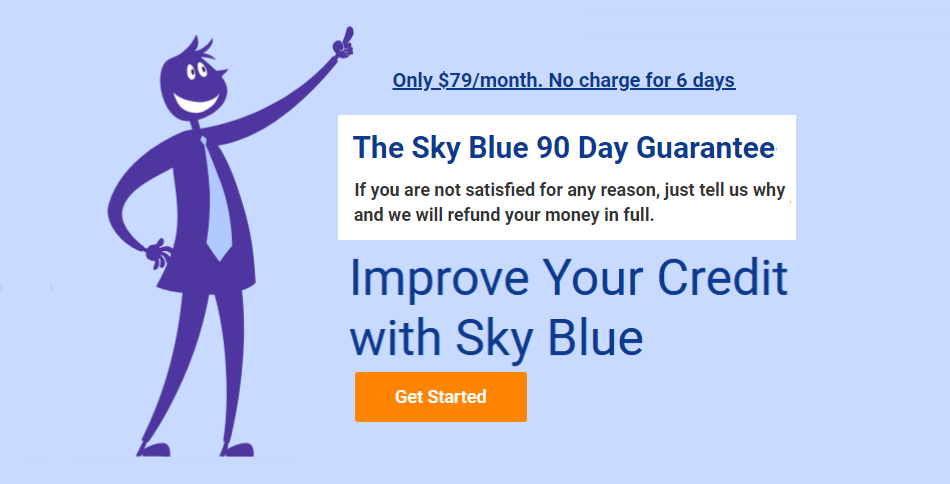 Image of Sky Blue Credit with their 100% money back guarantee. for their service of writing dispute letters to the credit bureaus