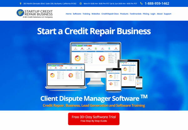 Image the Start a Credit Repair Business website with a heading that says start a credit repair business and showing a couple of computer screen icons on a blue background
