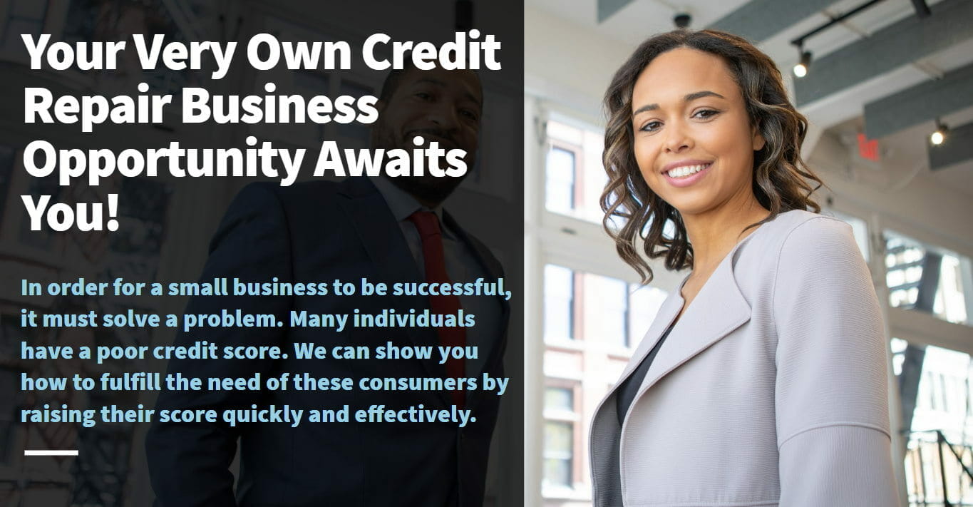 Image of a woman in office in a gray suit with a tagline that says your very own credit repair business opportunity awaits you!