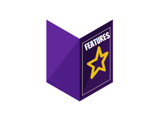 Image of a purple book with a Goldstar on it with the title that says Features