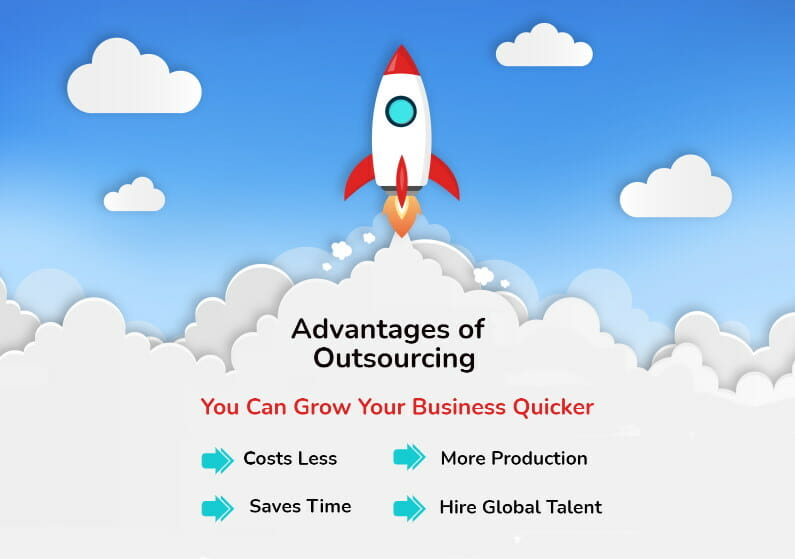 Vector image of a rocket in the sky with the words advantages of outsourcing