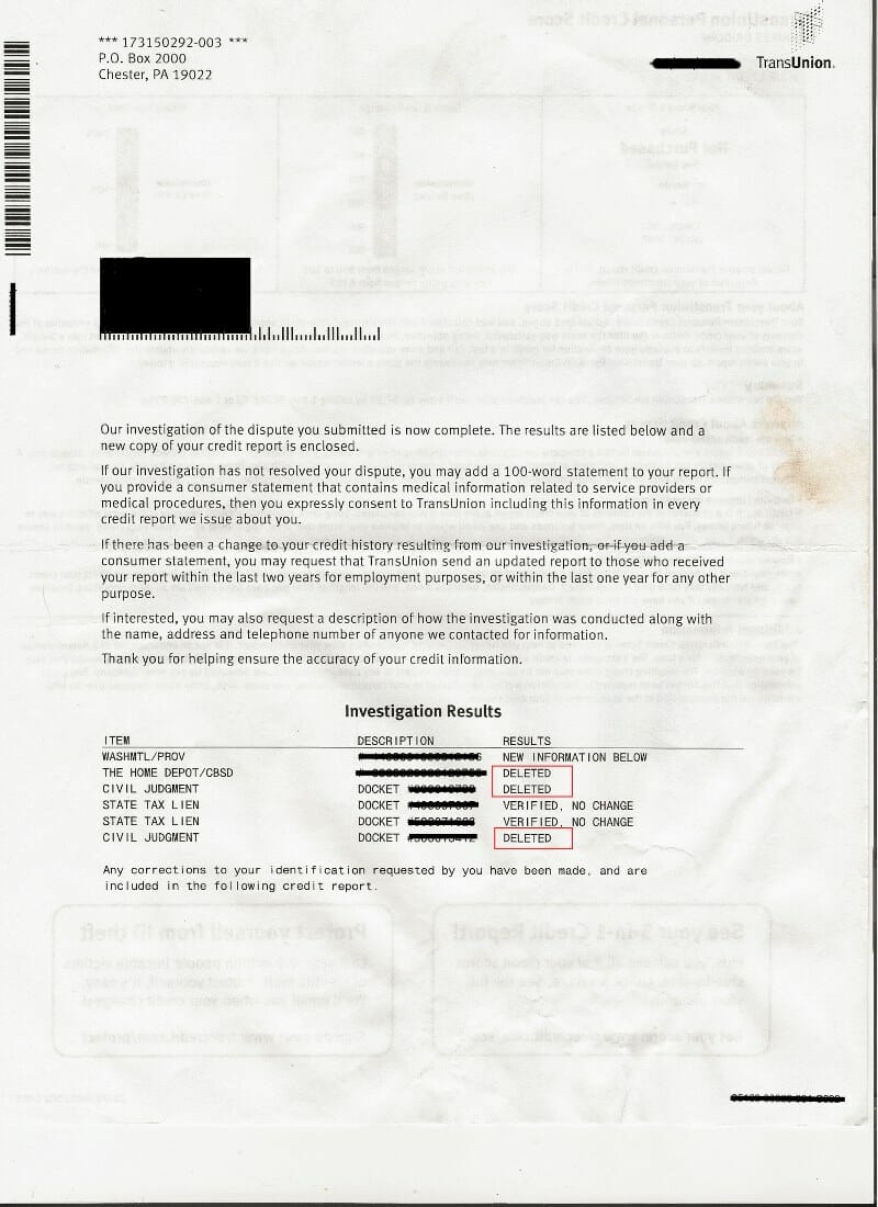 Image of a letter from Transunion that shows 2 civil judgements that were removed for a Credit Pros client