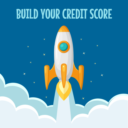 Vector image of a rocket heading into space with a headline that says build your credit score