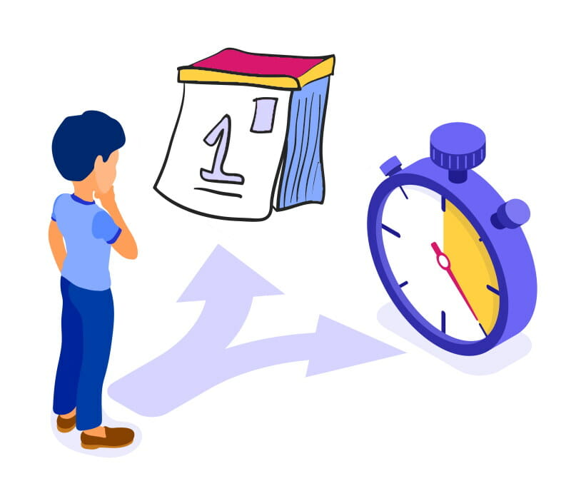 Vector image of a man looking at a clock and a calendar wondering when is the perfect time to write a goodwill letter