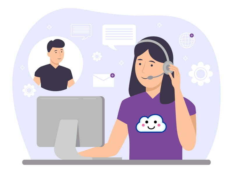 Vector image of a customer support representative on the phone with a client troubleshooting his credit repair software issues