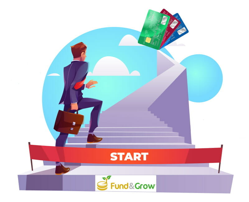 Cartoon image of a businessman holding a briefcase going up a long flight of stairs into the sky where there are credit cards at the end of the staircase depicting the steps of how Fund and Grow will help its clients acquire business credit lines.