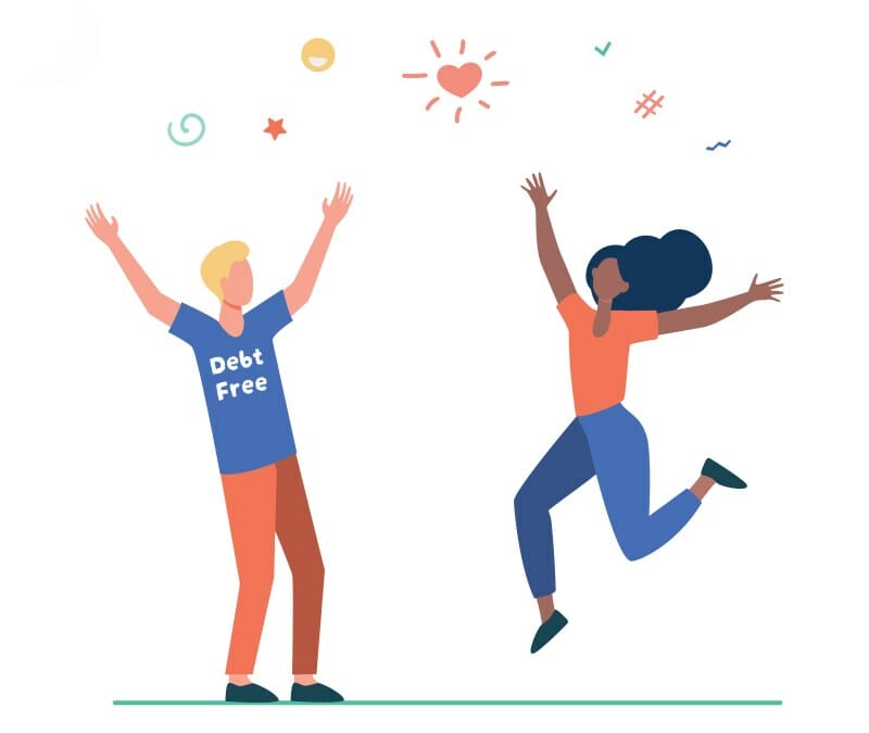 Vector image of a man and woman celebrating because they learn how to get out of debt and are now debt-free