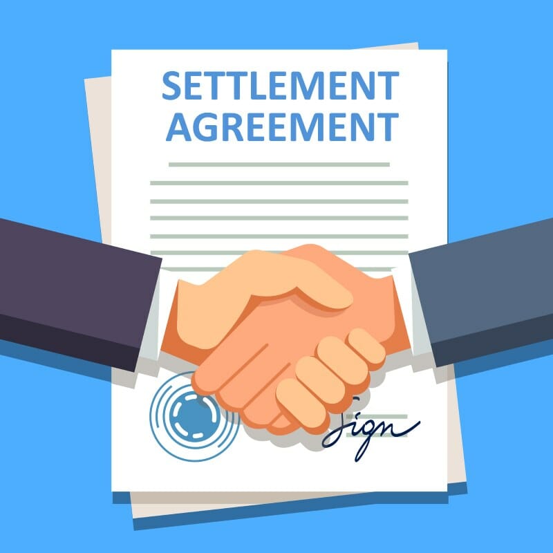 Vector image of two men shaking hands because they've made a debt settlement agreement to help the consumer get out of debt