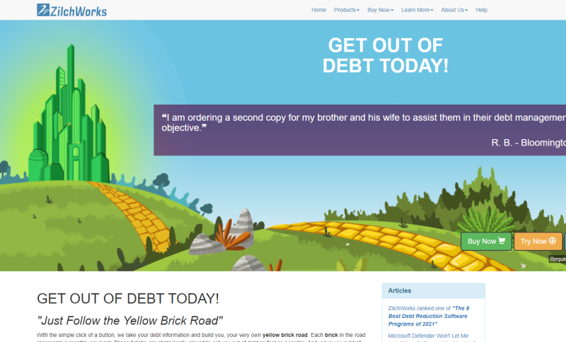 Image of the Zilchworks debt elimination software home page of their website