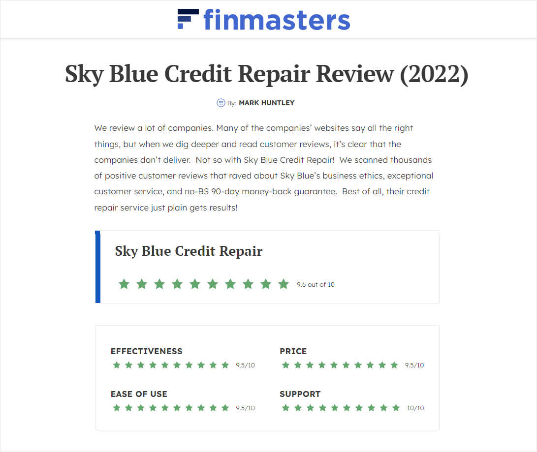 FinMasters review of Sky Blue Credit Repair