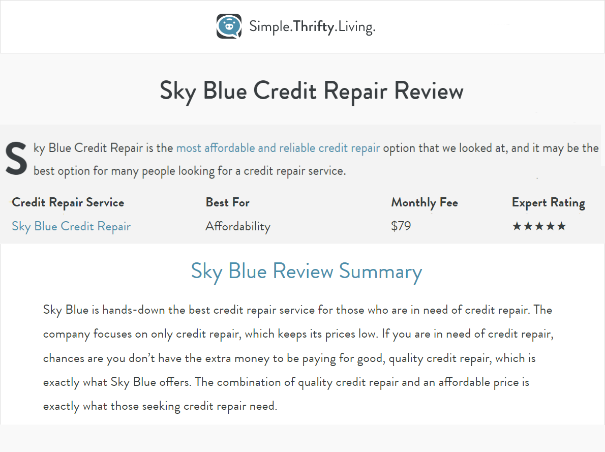 Simple. Thrifty. Living. Review of Sky Blue Credit Repair