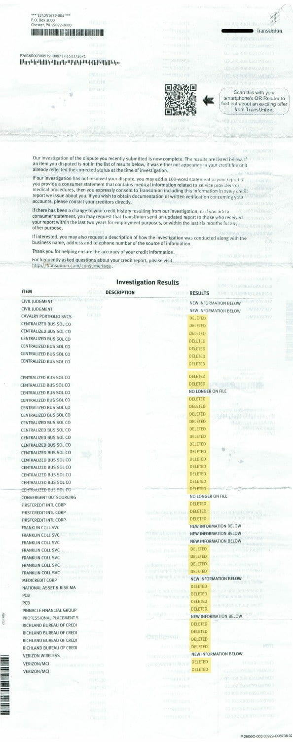 Image of a Transunion investigation result showing 33 deletions on one dispute