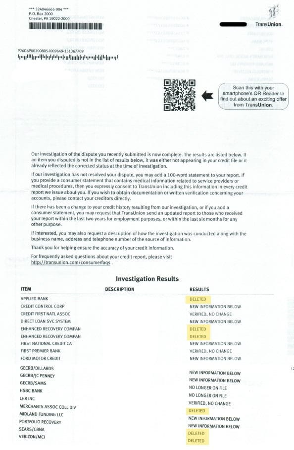A letter from the Transunion Credit Bureau showing 6 deletions, Applied Bank, Enhanced Recovery, Merchants Association, Sears and Verizon