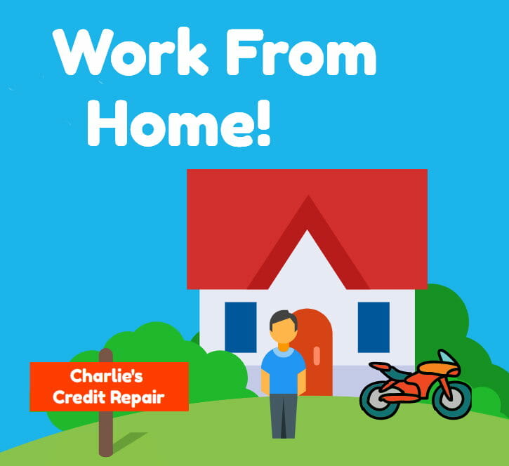 Image of a house with a motorcycle in front of it with a sign in the lawn that says Charlie's credit repair