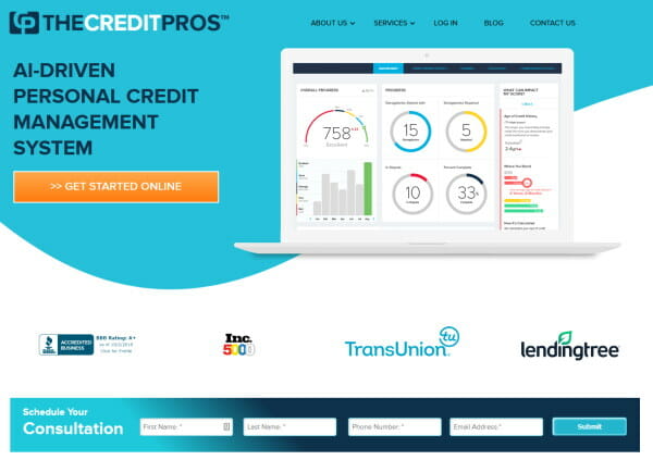 Image of the Credit Pros website showing The Credit Pros reviews