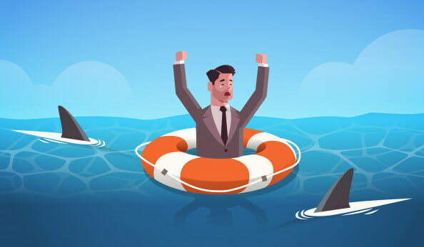 vector image of a man in a business suit in a buoy in the ocean with two sharks (debt collectors) swimming around him 