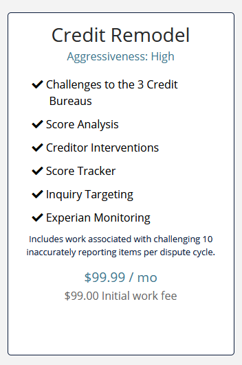  Image of the features of the Credit Saint middle pricing package Credit Remodel showing the features and pricing
