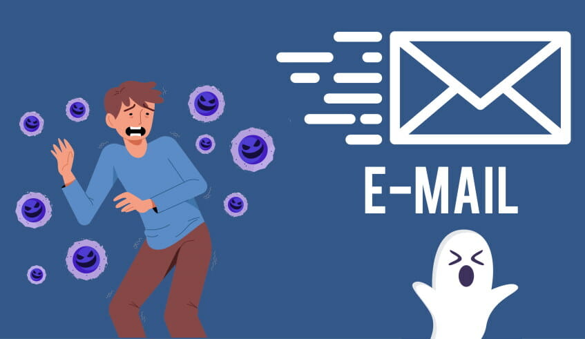 Vector image of a man being scared by an email with a ghost next to it showing how he is intimidated by email marketing