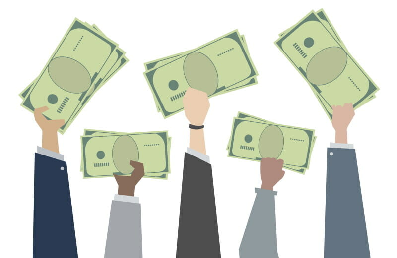 Vector image of five arms reaching up each holding money symbolizing the ability of Fund and Grow to help business owners to liquidate their credit cards credit lines into cash