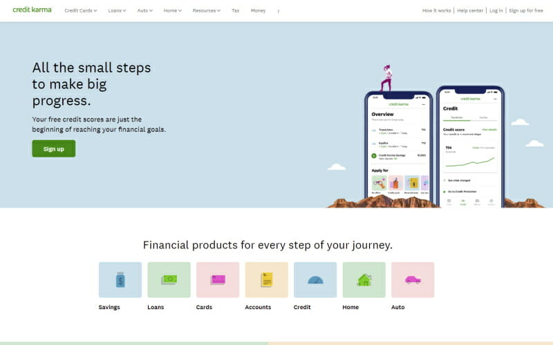 Image showing the homepage of the Credit Karma personal credit repair software site