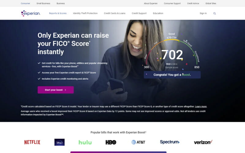 Image of the Experian Boost personal credit repair software website
