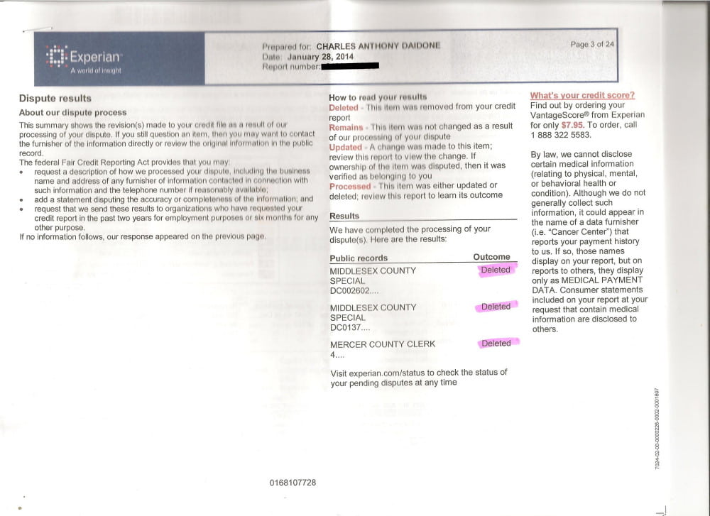 Actual Experian deletions that Skjy Blue Credit achieved for Charlie Daidone