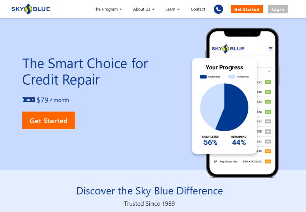 Image of the Sky Blue logo with the slogan Improve Your Credit With Sky Blue