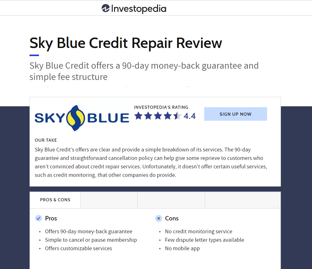 Image of the Investopedia's review page of Sky Blue Credit Repair 